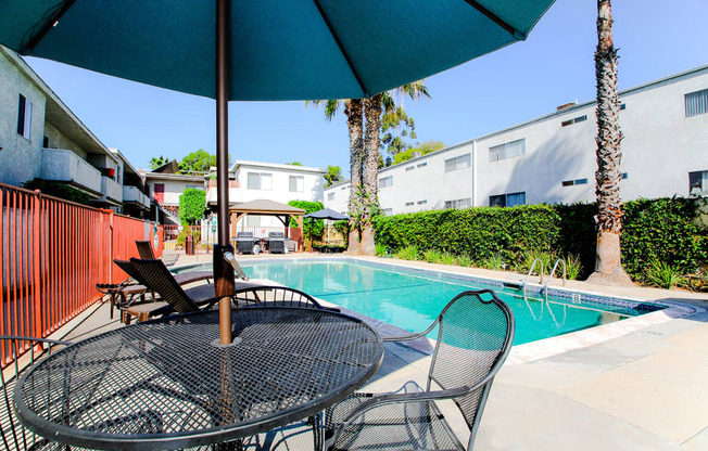 View of shaded pool seating area.