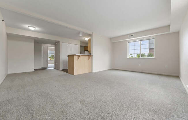A large, empty living room with a carpeted floor and a window at Stoney Pointe Apartment Homes, Kansas
