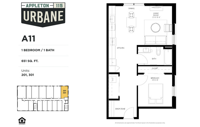 1 bed, 1 bath, 651 sqft, $1,450, Unit 201