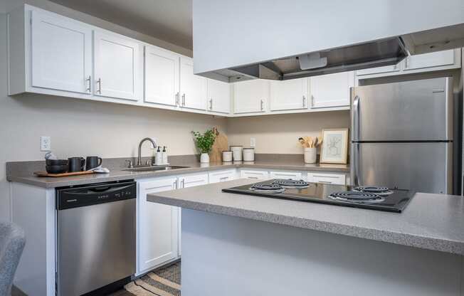 a kitchen with white cabinets and stainless steel appliances and a counter top