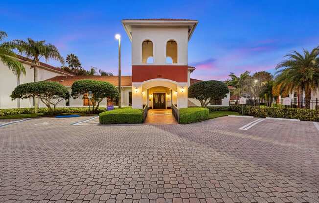 Clubhouse entrance at dusk