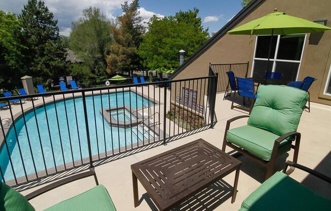 Shaded Lounge Area By Pool at Promontory Point Apartments, Utah