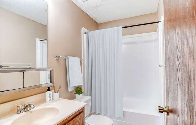 Bathroom shower tub toilet sink included bright walls