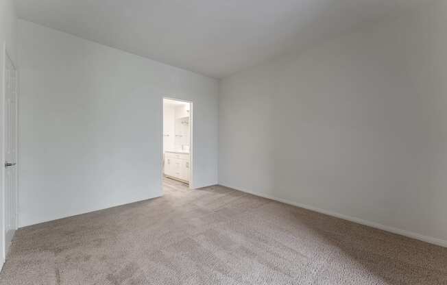 A room with a carpeted floor and a doorway leading to another room.