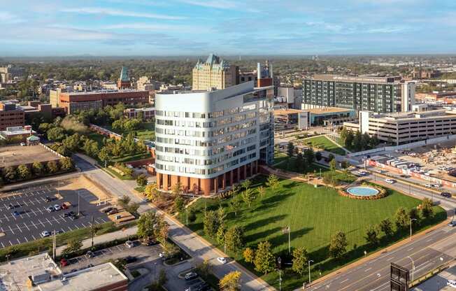 an aerial view of a building in a city