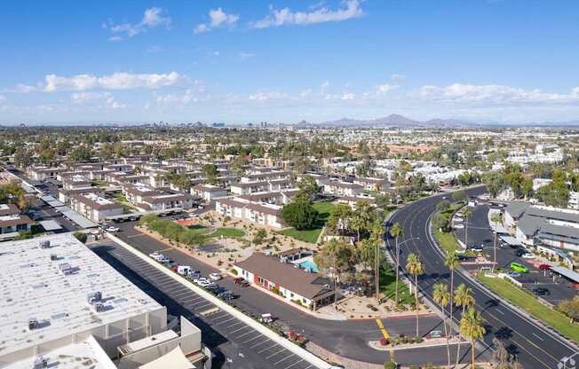 A view of a city from a high vantage point.