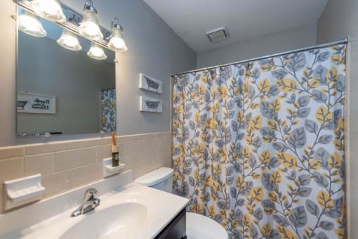 a bathroom with a shower curtain and a sink and a toilet