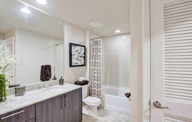 A luxury Miami apartment bathroom with granite countertops and wooden cabinetry.