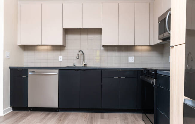 A kitchen with black cabinets and a white dishwasher.