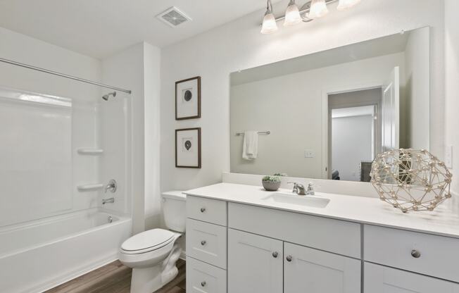 a bathroom with a large mirror and a toilet next to a bathtub