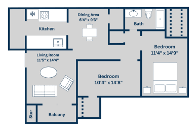 2 beds, 1 bath, 840 sqft, $1,070