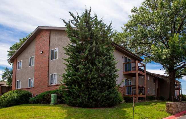 A large tree in front of a two-story apartment building.