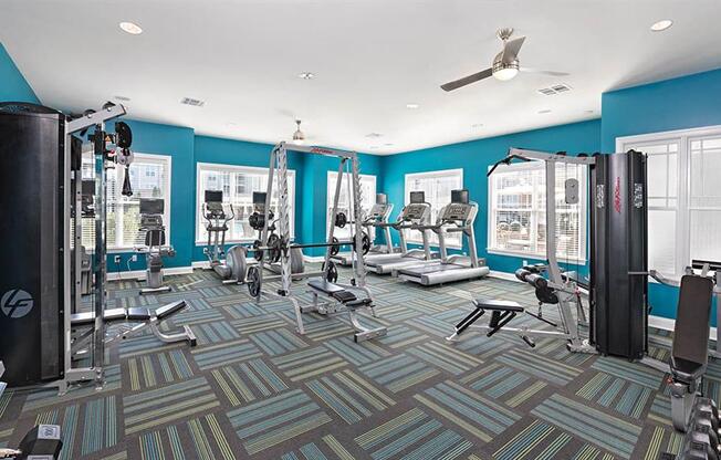 a gym with a lot of exercise equipment in it