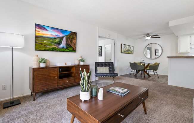 a living room with a couch and a table