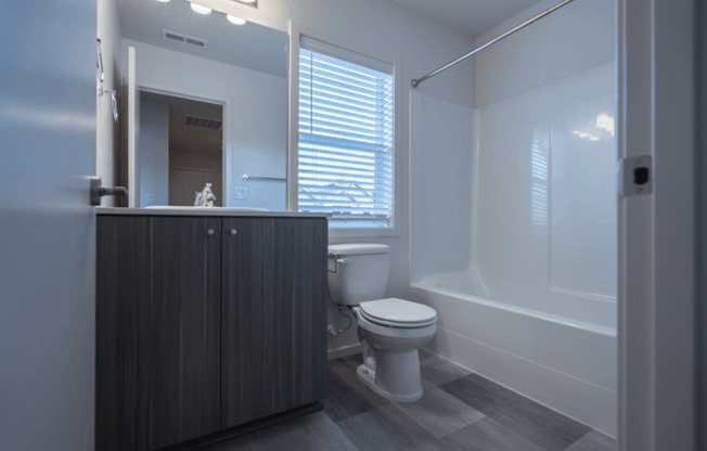 bathroom sink with a mirror, cabinets, toilet, and window