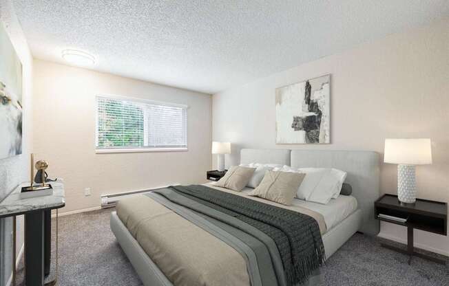 Two-bedroom apartment bedroom at Peak 88 Apartments in Renton, WA with neutral tones and natural light