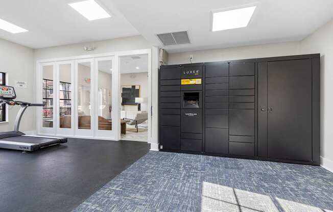 A room with a black LEXUS storage unit and a treadmill.