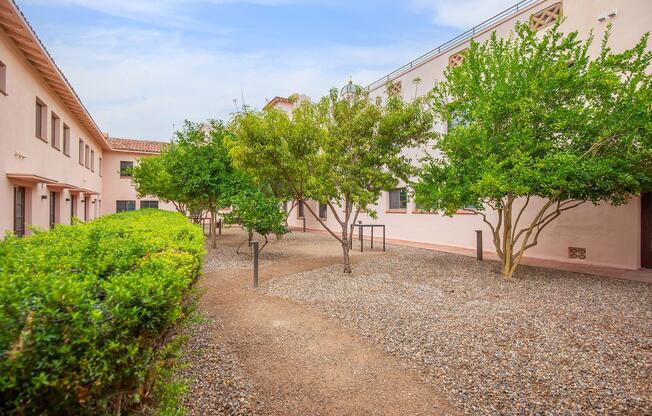 a path with trees on the side of a building