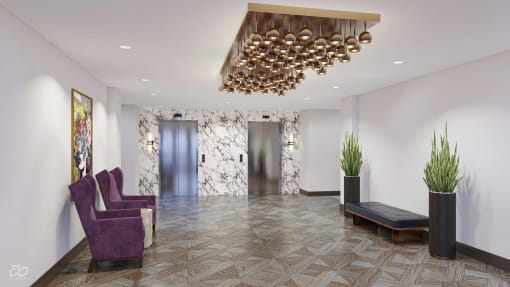 a rendering of a lobby with purple chairs and a gold chandelier  at The Encore at Ingram Manor, Pikesville, 21208