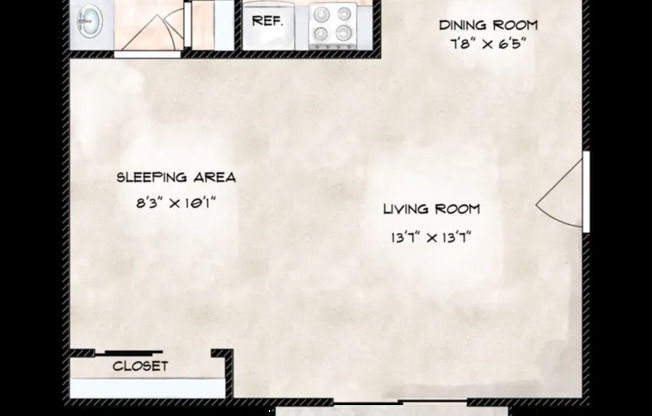 Studio, 1 bath, 510 sqft, $1,966, Unit Unit 43