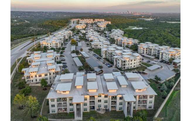 an aerial view of Berkshire Santal apartments in Austin, TX