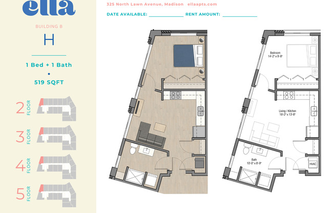 1 bed, 1 bath, 519 sqft, $1,350, Unit B221