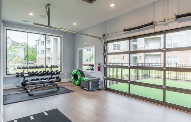 a home gym with windows and a view of a yard and a green exercise ball