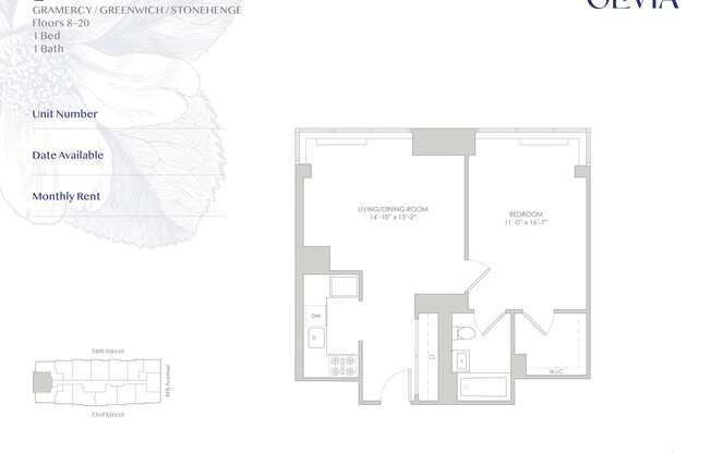 1 bed, 1 bath, 646 sqft, $4,550, Unit 8L