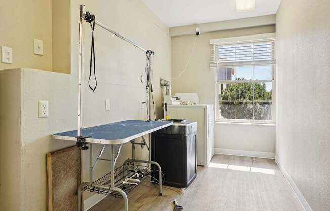 A room with a table and a sink.