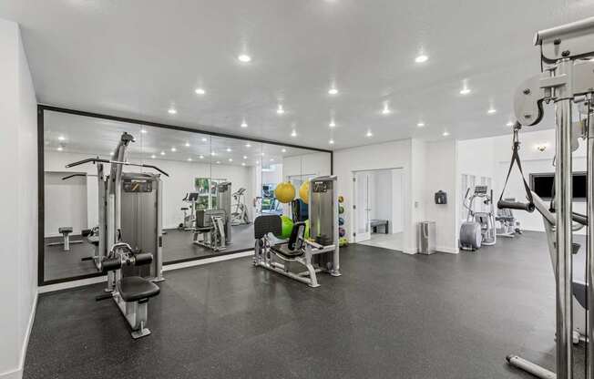 A spacious gym with a variety of equipment.