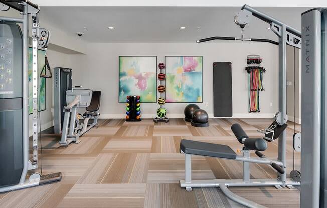 a home gym with a variety of exercise equipment and paintings on the wall