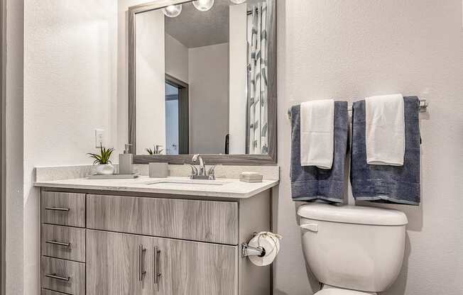 A bathroom with a white toilet and a mirror above a sink.