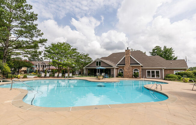 Pool with building view at Elme Marietta Apartments, Marietta, GA