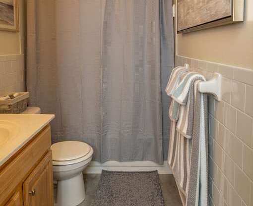 A bathroom with a toilet, sink, and a chandelier.