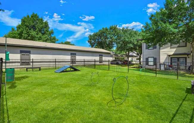 A backyard with a green lawn and a blue swing set.