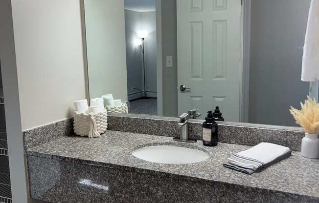 a bathroom with a sink and a large mirror