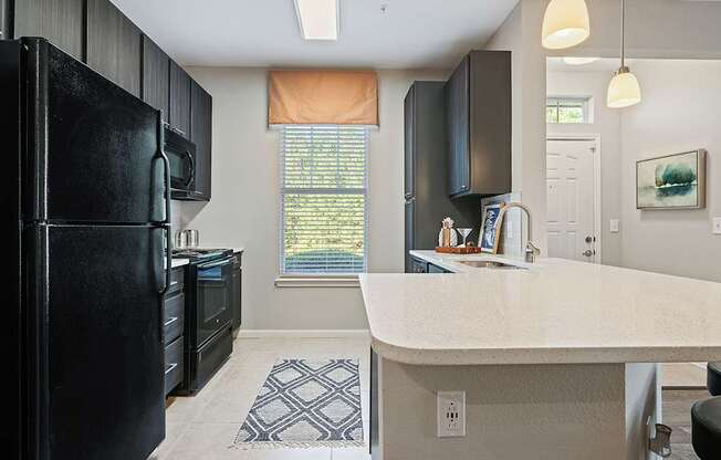 A black fridge in a kitchen with a white counter top.
