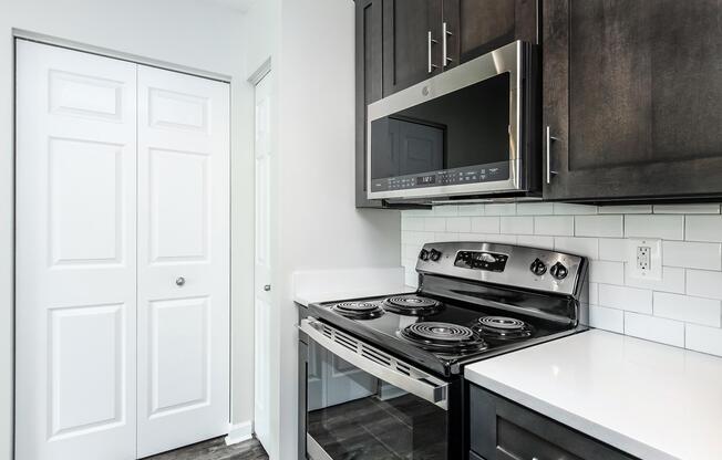 a stove top oven sitting inside of a kitchen