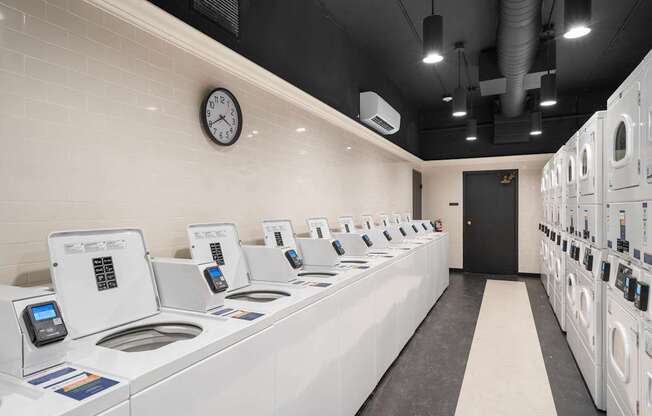 a laundry room with a counter and a clock on the wall