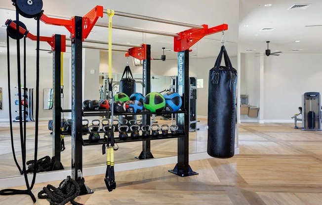 A functional fitness studio here at Reflect at Dobson Ranch featuring wood-style flooring, mirrored walls, a red and black strength training rig with suspension straps, kettlebells, medicine balls, resistance ropes, and a hanging punching bag, creating a versatile workout space designed for strength training, conditioning, and high-energy exercise.