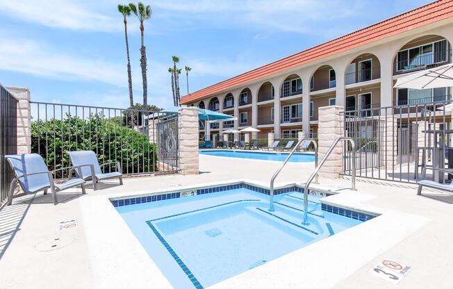 a pool next to a building