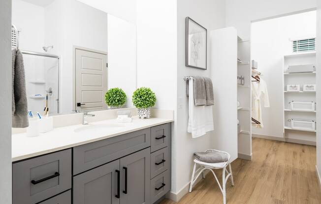 a bathroom with gray cabinets and a sink and a mirror
