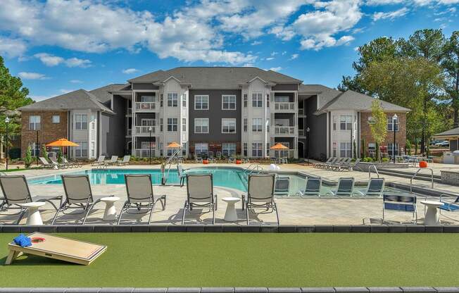 Saltwater pool and outdoor entertaining lounge with cornhole