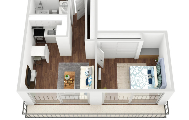 3D Floor Plan Rendering of One Bedroom, One Bathroom Apartment