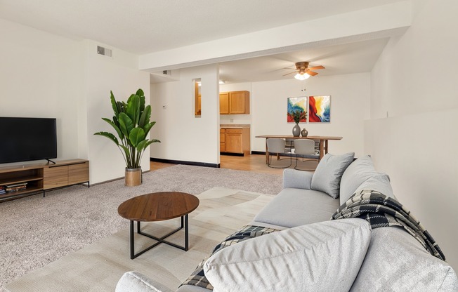 A living room with a grey couch and a wooden coffee table.