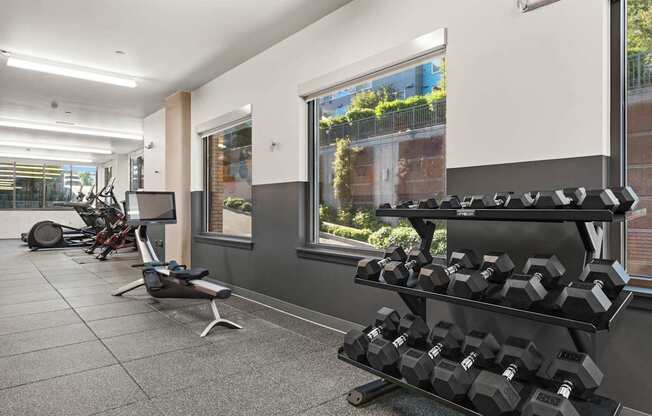 A gym with weights and exercise equipment.