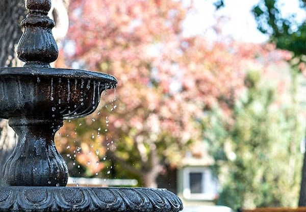 a water fountain in a park next to a bench