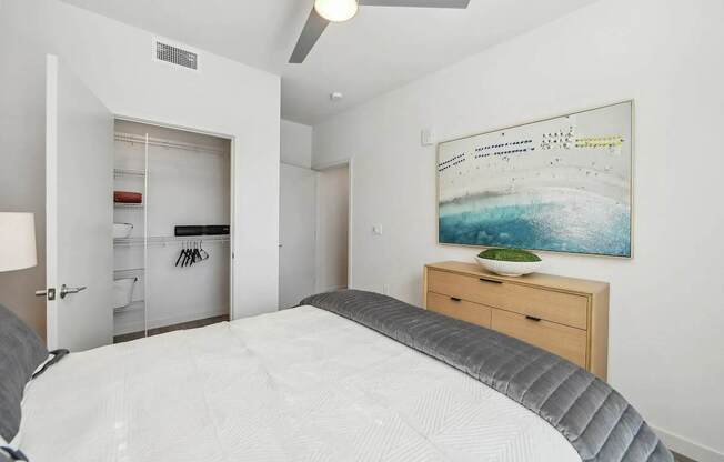 Bedroom with closet at Bayview Apartments, Emeryville, California