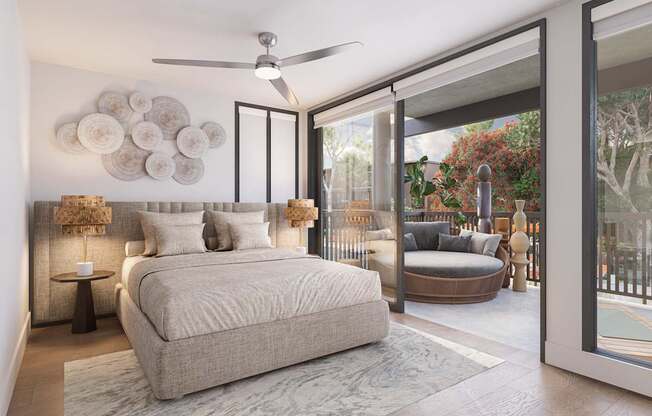 A bedroom with a large bed and a ceiling fan.