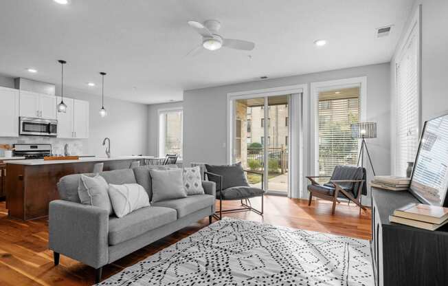 an open living room and kitchen with a couch and a rug